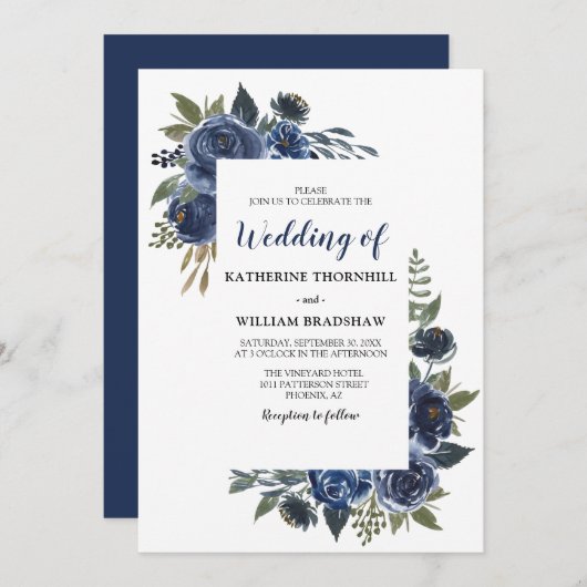 Elegant Blue Floral Lijst Wedding Kaart (Voorkant / Achterkant)