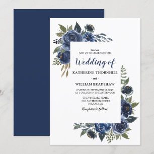 Elegant Blue Floral Lijst Wedding Kaart