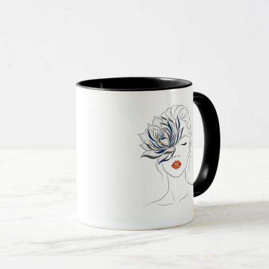 Elegant Blue Floral Line Art Woman Mug Mok (Voorkant rechts)