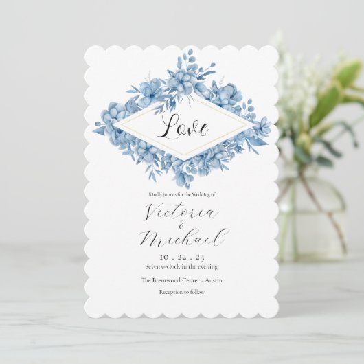 Elegant Blue Floral Love Waterverf Wedding Kaart (Staand voorkant)