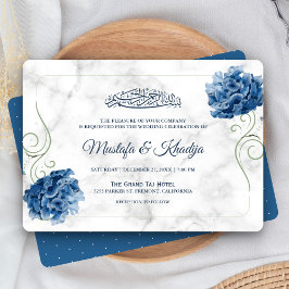 Elegant Blue Floral Marble Islamic Muslim Wedding Kaart