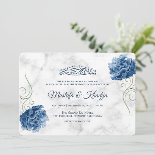 Elegant Blue Floral Marble Islamic Muslim Wedding Kaart (Staand voorkant)