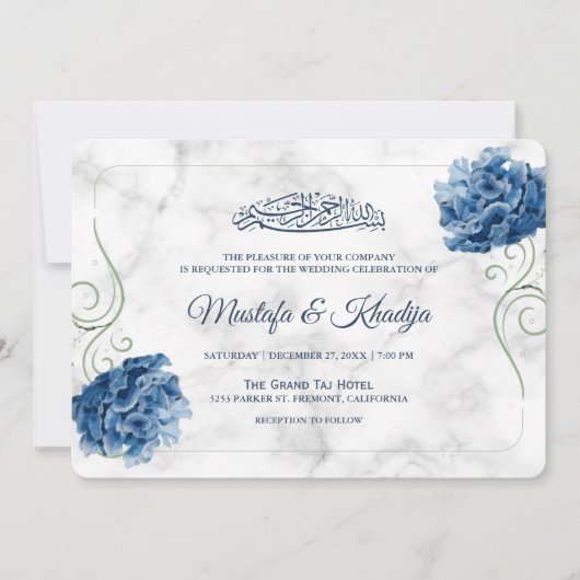 Elegant Blue Floral Marble Islamic Muslim Wedding Kaart (Voorkant)