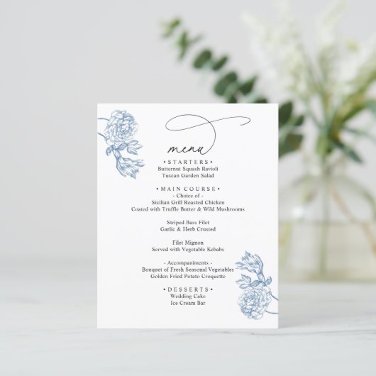 Elegant Blue Floral Modern Script Wedding Menu  (Staand voorkant)