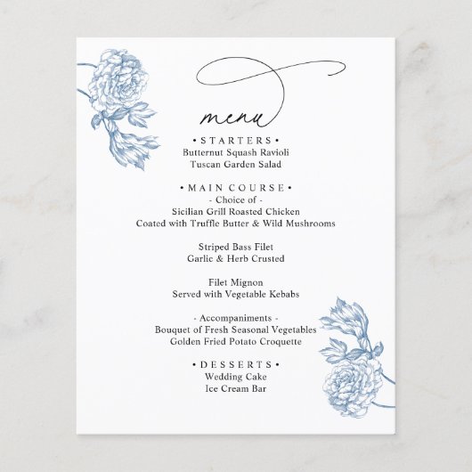 Elegant Blue Floral Modern Script Wedding Menu (Voorkant)