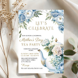 Elegant Blue Floral Mother's Day Tea Party Kaart