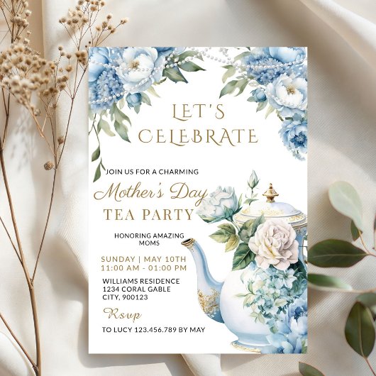 Elegant Blue Floral Mother's Day Tea Party Kaart