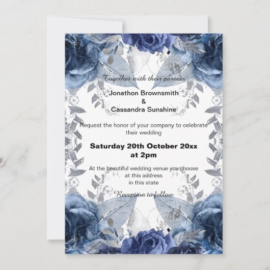 ELEGANT BLUE FLORAL NAVY WEDDING KAART (Voorkant)