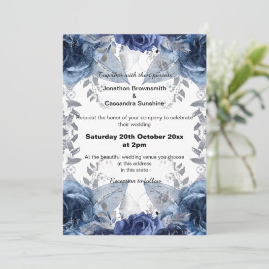 ELEGANT BLUE FLORAL NAVY WEDDING KAART (Staand voorkant)