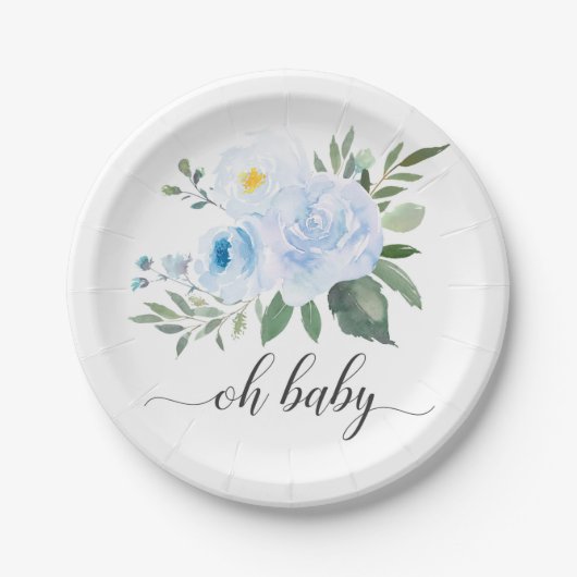 Elegant Blue Floral Oh Baby shower Bord (Voorkant)