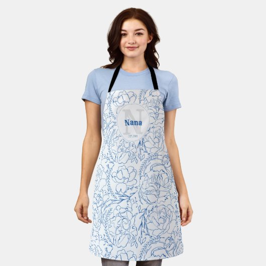 Elegant Blue Floral Pattern Monogrammed Nana Schort (Gedragen)