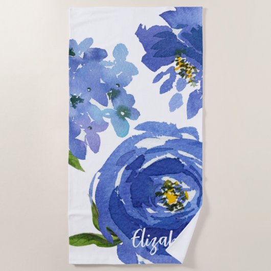 Elegant Blue Floral Peony Waterverf gepersonalisee Strandlaken (Voorkant)