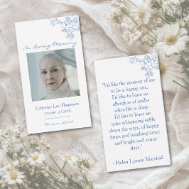 Elegant Blue Floral Photo Prayer Card Visitekaartje