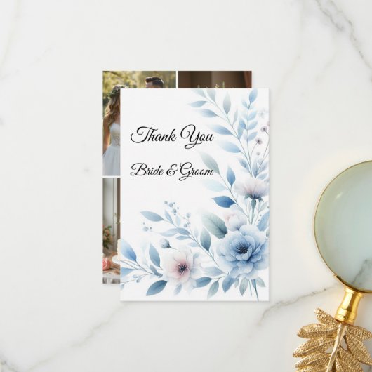 Elegant Blue Floral Photo Thank you Card Bedankkaart (Voorkant / Achterkant in situ)