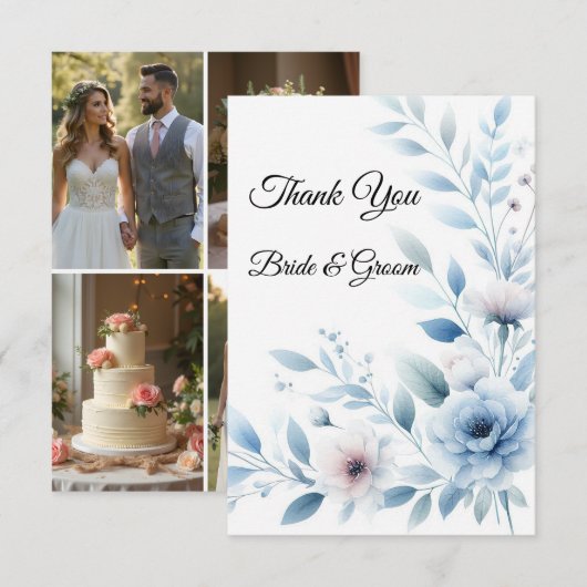 Elegant Blue Floral Photo Thank you Card Bedankkaart (Voorkant / Achterkant)