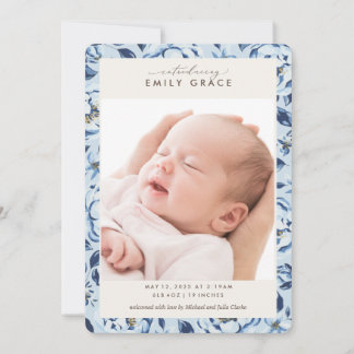 Elegant Blue Floral Print Foto geboorteaankondigin Kaart