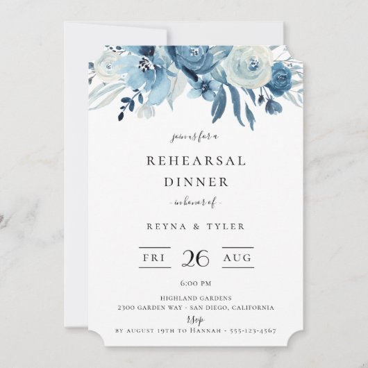 Elegant Blue Floral Rehearsal Dinner Invitation Kaart (Voorkant)
