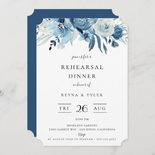 Elegant Blue Floral Rehearsal Dinner Invitation Kaart (Voorkant / Achterkant)