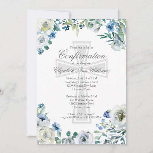 Elegant Blue Floral Religious Confirmation Kaart (Voorkant)