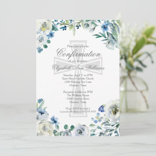 Elegant Blue Floral Religious Confirmation Kaart (Staand voorkant)