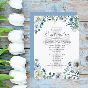 Elegant Blue Floral Religious Confirmation Kaart
