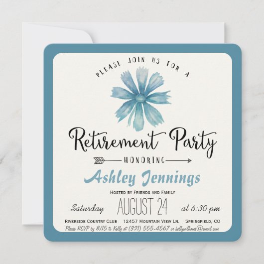 Elegant Blue Floral Retirement Party Invitation Kaart (Voorkant)