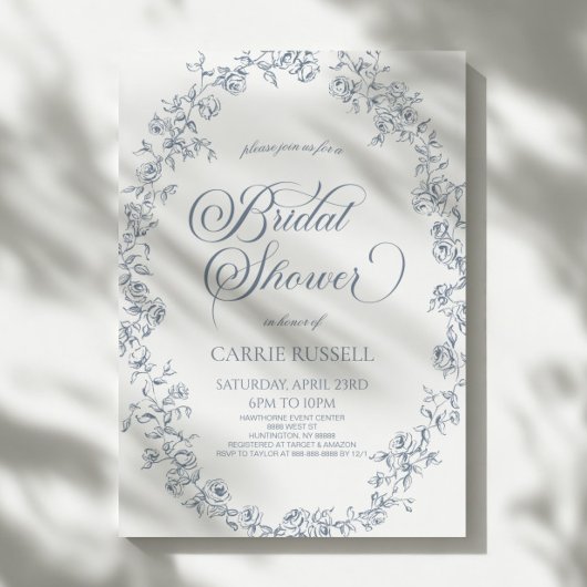 Elegant Blue Floral Roses Line Art Bridal Shower Kaart