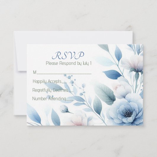 Elegant Blue Floral RSVP Kaartje (Voorkant)