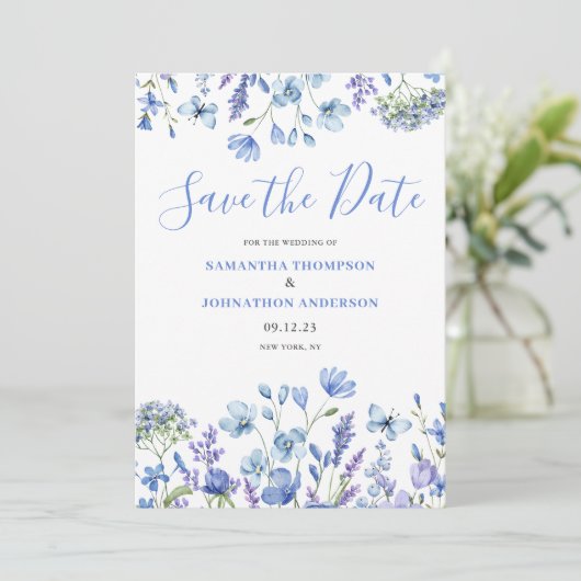 Elegant Blue Floral Save The Date (Staand voorkant)