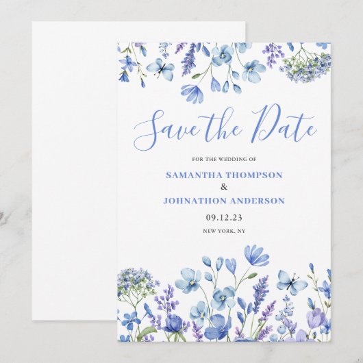Elegant Blue Floral Save The Date (Voorkant / Achterkant)