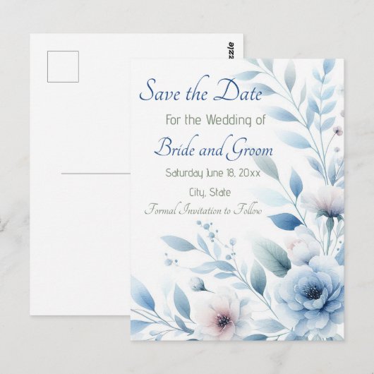 Elegant Blue Floral Save the Date Briefkaart (Voorkant / Achterkant)