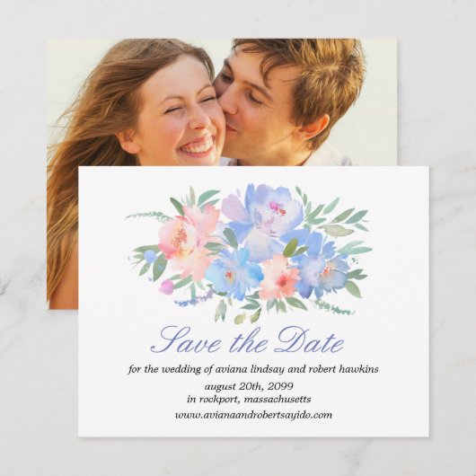 Elegant Blue Floral Save the Date Card Photo (Voorkant / Achterkant)