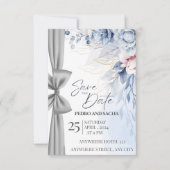 Elegant Blue Floral Save The Date Card with Silver Bedankkaart (Voorkant)