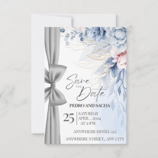 Elegant Blue Floral Save The Date Card with Silver Bedankkaart