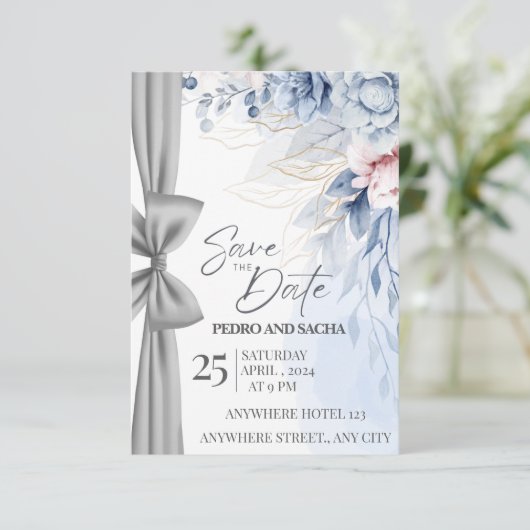 Elegant Blue Floral Save The Date Card with Silver Bedankkaart (Staand voorkant)