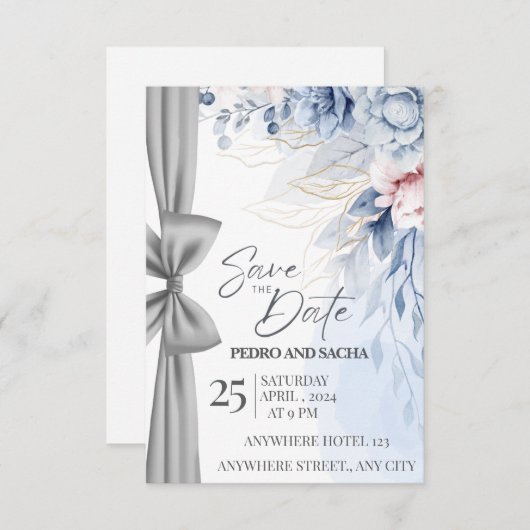 Elegant Blue Floral Save The Date Card with Silver Bedankkaart (Voorkant / Achterkant)