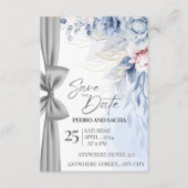 Elegant Blue Floral Save The Date Card with Silver Informatiekaartje (Voorkant)
