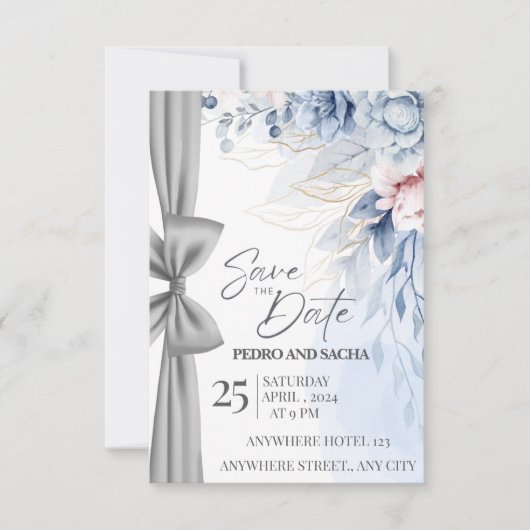 Elegant Blue Floral Save The Date Card with Silver Kaart (Voorkant)
