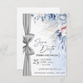 Elegant Blue Floral Save The Date Card with Silver Kaart (Voorkant / Achterkant)