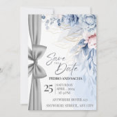 Elegant Blue Floral Save The Date Card with Silver Kaart (Voorkant)