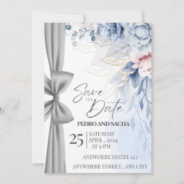Elegant Blue Floral Save The Date Card with Silver Kaart