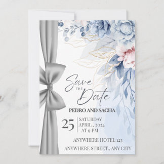 Elegant Blue Floral Save The Date Card with Silver Kaart