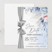 Elegant Blue Floral Save The Date Card with Silver Kaart (Voorkant / Achterkant)
