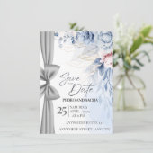 Elegant Blue Floral Save The Date Card with Silver Kaart (Staand voorkant)