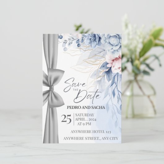 Elegant Blue Floral Save The Date Card with Silver Kaart (Staand voorkant)