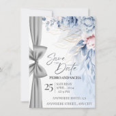 Elegant Blue Floral Save The Date Card with Silver Kaart (Voorkant)