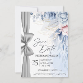 Elegant Blue Floral Save The Date Card with Silver Kaart