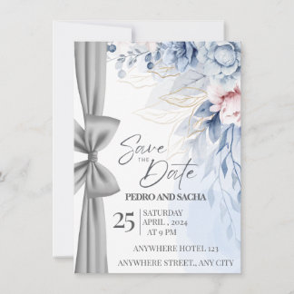 Elegant Blue Floral Save The Date Card with Silver Kaart