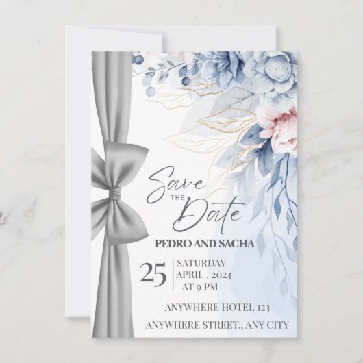 Elegant Blue Floral Save The Date Card with Silver Kaart (Voorkant)