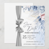 Elegant Blue Floral Save The Date Card with Silver Kaart (Voorkant / Achterkant)